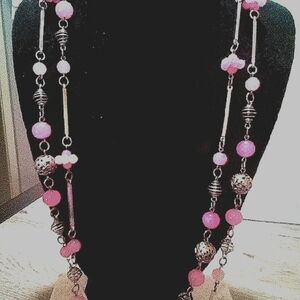 Pink and Silver  Pink  Quartz Necklace with Crystal Accents